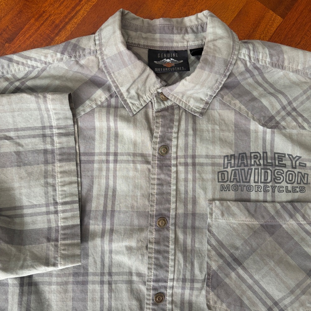 Harley Davidson Gray Plaid Winged Over Dyed Short Sleeve Button Up Shirt XL